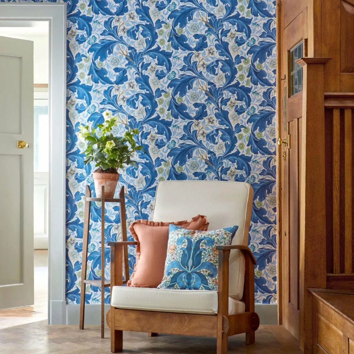 Spring Thicket Paradise Blue/Peach Fabric - Morris & Co